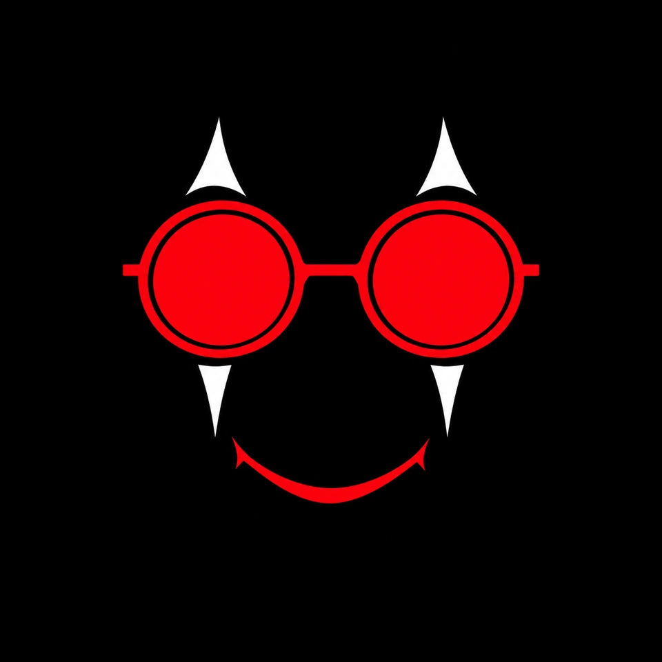 GRIFFEY circular red glasses with white clown makeup and a red grin on black